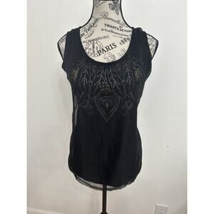 Cynthia Rowley Black Sheer Embroidered Tank Dark Romantic Boho Lux Size Large